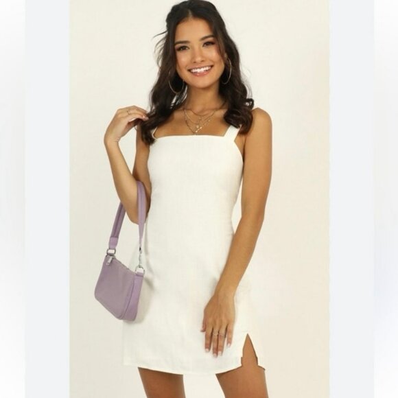 Showpo White Linen Blend Tie Back Sleeveless Mini Dress Size AU 12 / US 8 - Picture 3 of 8